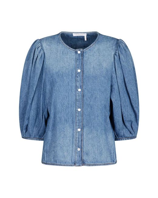 Blusa senza colletto in denim con lavaggio vintage di Chloé in Blue