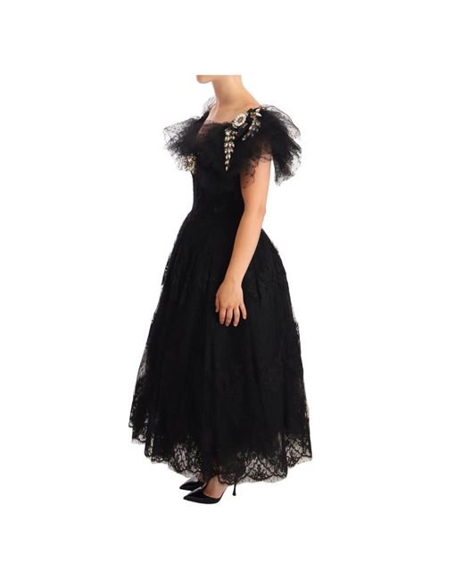 Dolce & Gabbana Black Schwarzes Ballkleid-Kleid mit Blumenspitze und Kristallen