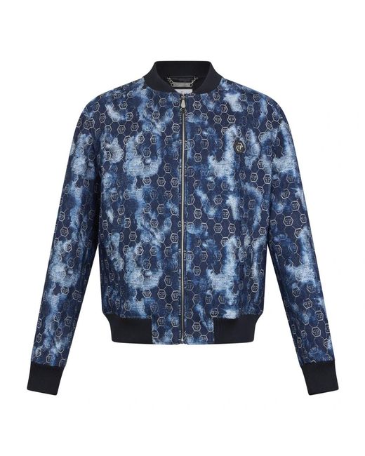 Philipp Plein Jassen ,Blauw ,Denim Jacquard Denim Bomber Monogram in het Blue voor heren