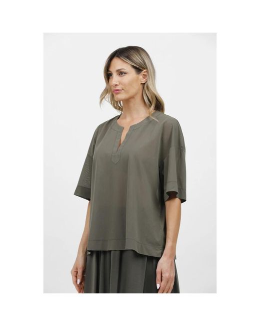 Max Mara Overhemden ,Groen ,Katoen Koreaanse V-Hals T-Shirt Met Korte Mouwen in het Gray