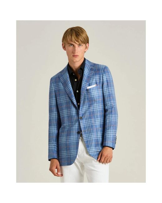 Kiton Jassen ,Blauw ,Linnen Cashmere, Zijde En Linnen Geruit Enkelrijig Jasje in het Blue voor heren
