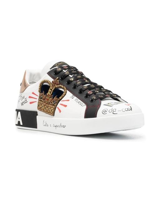 Dolce & Gabbana Sneakers Portofino aus bedrucktem Nappa-Kalbsleder mit Patch in White für Herren