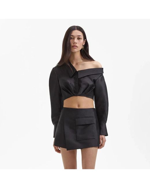 Self-Portrait Overhemden ,Zwart ,Polyester Cropped Taffeta Top Met Asymmetrische Halslijn in het Black