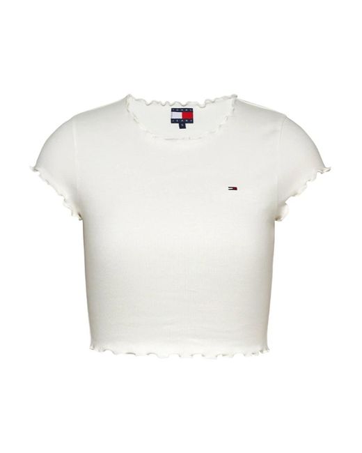 Tommy Hilfiger White Geripptes Rundhals-Slim-Fit-T-Shirt