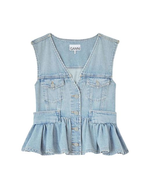 Ganni Tops ,Blauw ,Peplum Top Met V-Hals in het Blue