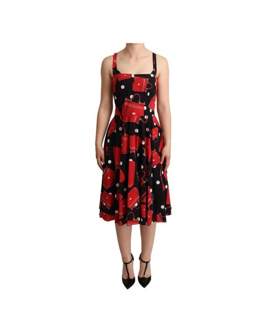 Dolce & Gabbana Red Schwarz-rotes, mittellanges A-Linien-Kleid mit Taschendruck