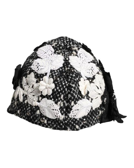 Dolce & Gabbana Black Schwarzer Weißer Blumiger Cloche Hut