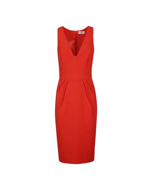Elisabetta Franchi Red V-Neck Pleated Midi Dress