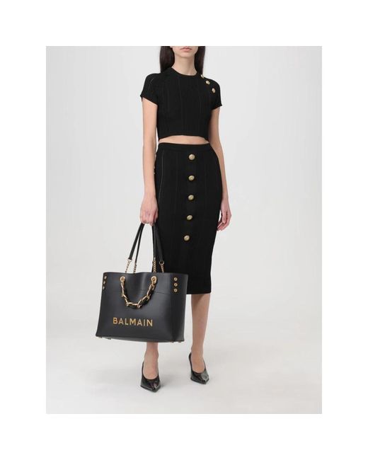 Balmain Black Gerippter Strick-Midirock Mit Knopfdetails