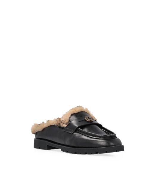 Pinko Black Mules À Doublure Lainée En Cuir