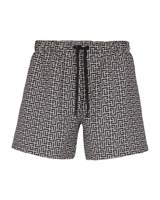 Shorts da mare con stampa monogramma pb labirinto di Balmain in Gray da Uomo