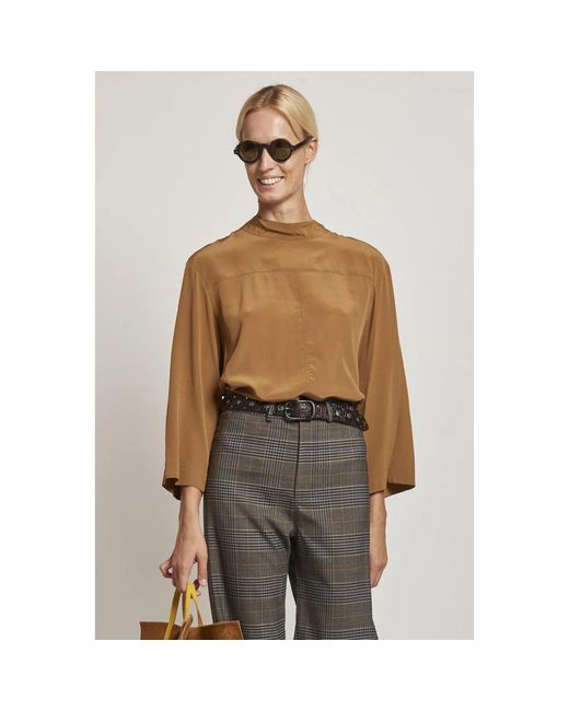 Sea Overhemden ,Bruin ,Bruine Zijden Blouse Met Hoge Kraag in het Brown