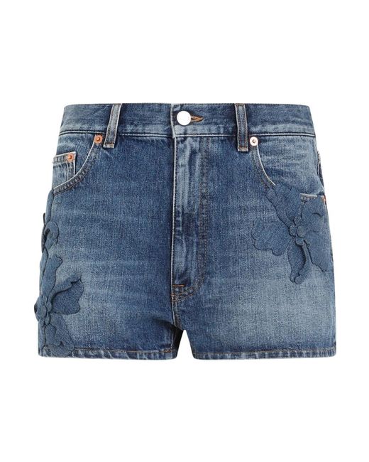 Valentino Blue Mittelblaue denim bestickte bermuda-shorts