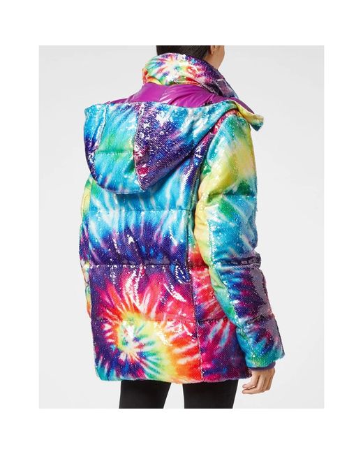 Philipp Plein Jassen ,Veelkleurig ,Nylon Sequin Encrusted Tie-Dye Oversize Bomber Jacket in het Blue