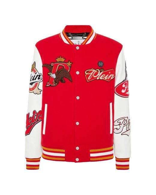 Philipp Plein Jassen ,Rood ,Leer Varsity Bomber Met Leren Mouwen Eagle in het Red voor heren
