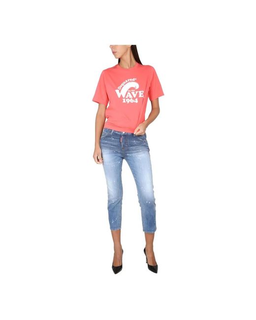 DSquared² Tops ,Roze ,Katoen Graphic Printed Crewneck T-Shirt in het Red