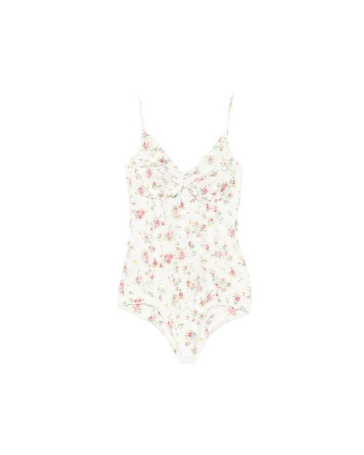 ShuShu/Tong White Floral-Print Ruffled Bodysuit