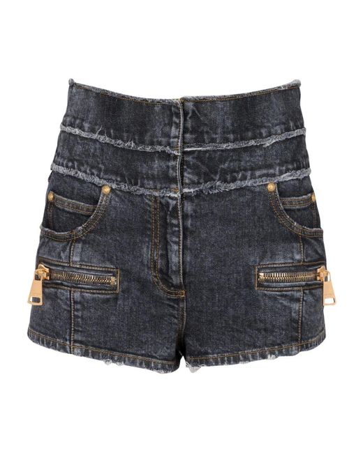 Balmain Gray High-Waist Mini-Shorts Aus Verwaschenem Denim