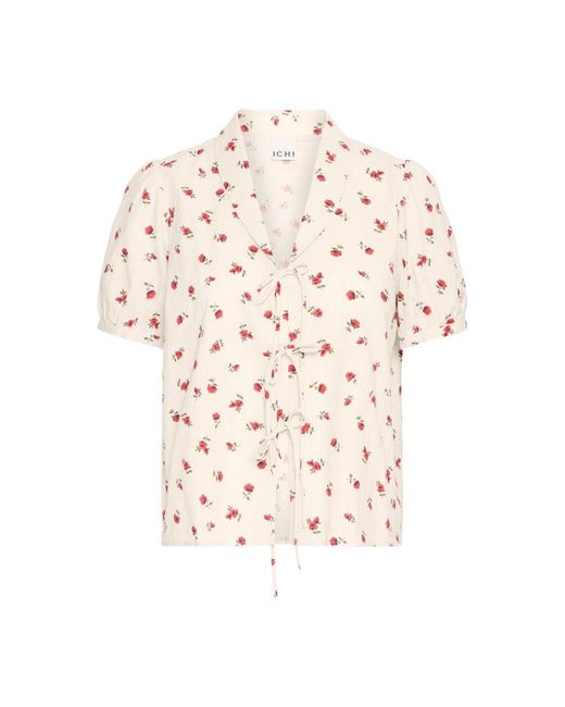 Ichi Overhemden ,Katoen Geranium Flower Blouse Met Strik Voorkant in het Pink