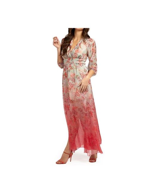 Guess Kleedjes ,Veelkleurig ,Bloemen V-Hals 3/4 Mouw Jurk in het Pink