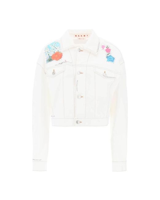 Cropped denim jacket with flower patches and embroidery di Marni in White