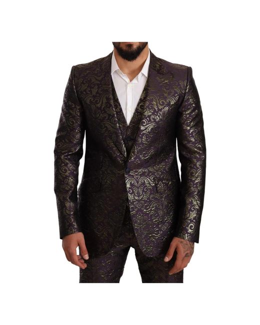 Dolce & Gabbana Schmaler 3-teiliger SICILIA-Anzug aus lila-goldenem Brokat in Black für Herren
