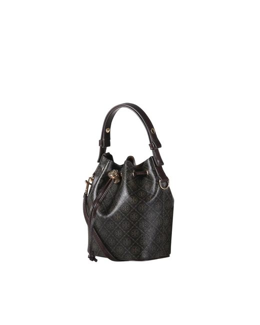 Tory Burch T Monogram Coated Canvas Mini Bucket Bag in het Black