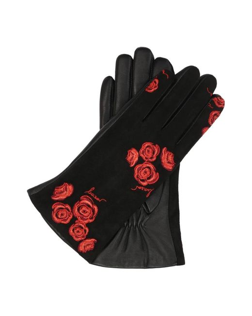 Kazar Accessoires ,Zwart ,Leer Elegante Zwarte Handschoenen Met Geborduurde Rode Bloemen in het Black