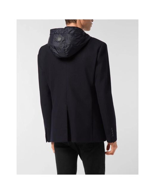 Philipp Plein Jassen ,Blauw ,Wol Waterafstotende Wollen Hooded Blazer in het Blue voor heren
