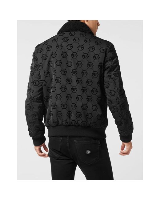 Philipp Plein Jassen ,Zwart ,Wol Wool Aviator Bomber Met Shearling Kraag Monogram in het Black voor heren