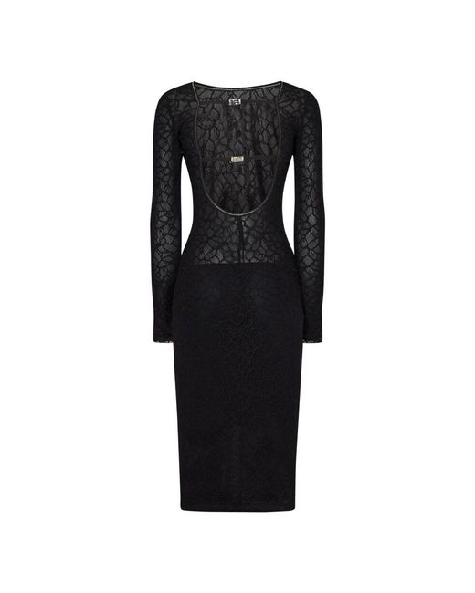 Pinko Black Schwarzes Spitzen-Midi-Kleid Mit Tiefem Rücken
