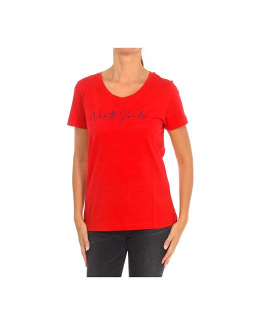 North Sails Tops ,Rood ,Katoen T-Shirt Met Korte Mouwen En Geribbelde Hals in het Red