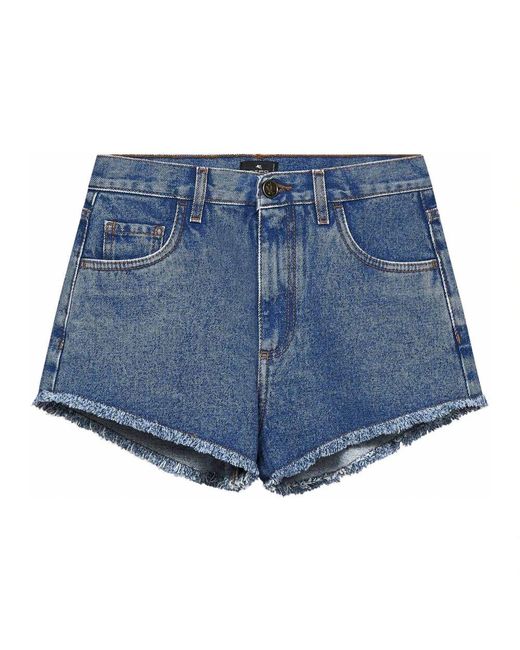 Etro Blue Blaue frayed shorts mit logo-knopf