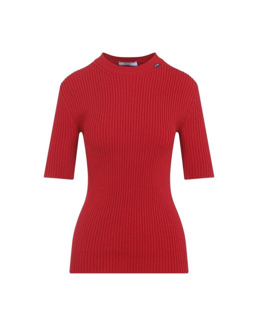 Prada Triangle Logo Ribbed Knit Top in het Red
