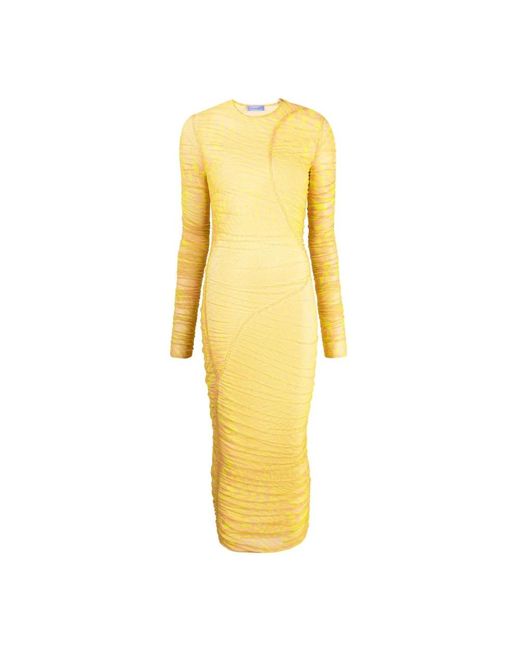 Mugler Yellow Long-sleeved Mesh Dress With Star Print