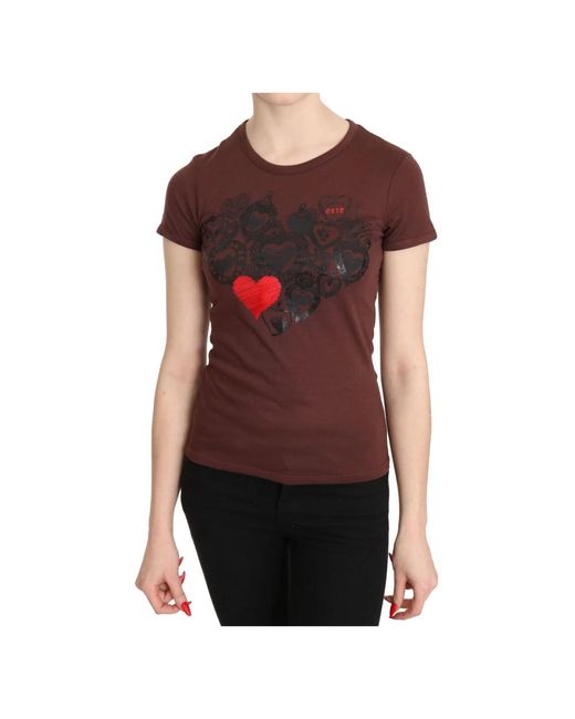 Exte Tops ,Bruin ,Katoen Bruin Hartenprint Korte Mouw Top in het Red