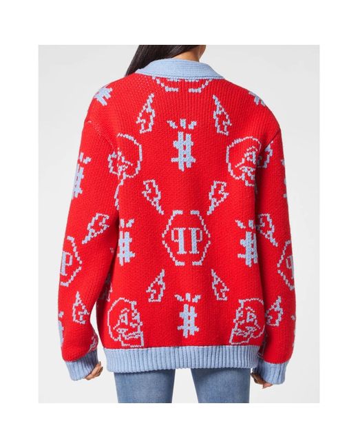 Philipp Plein Truien & Vesten ,Rood ,Wol Jacquard Cardigan Monogram in het Red