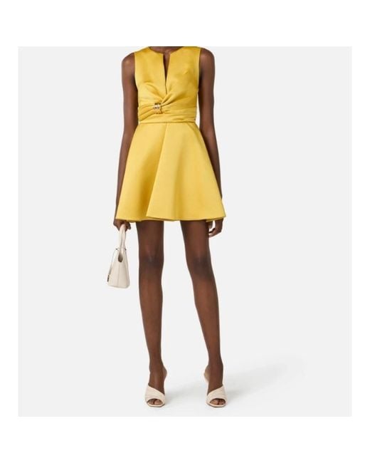 Elisabetta Franchi Yellow Duchess Jewel Detail Dress