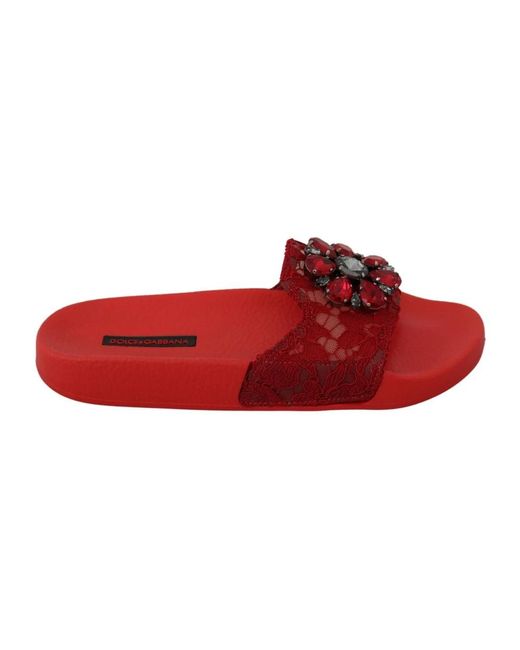 Dolce & Gabbana Red Rote spitze kristall sandalen slides