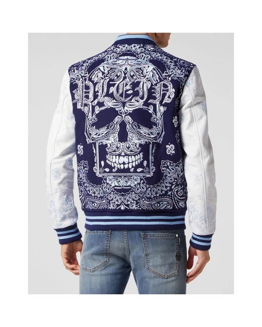 Philipp Plein Jassen ,Blauw ,Wol Wool And Leather Bomber Paisley Foulard in het Blue voor heren