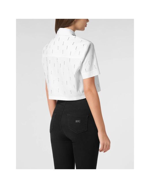 Philipp Plein Overhemden ,Wit ,Katoen Poplin Cropped Shirt Ss Strass in het White
