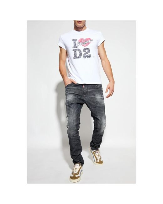 DSquared² Tops ,Wit ,Katoen Graphic Crew Neck T-Shirt in het White voor heren