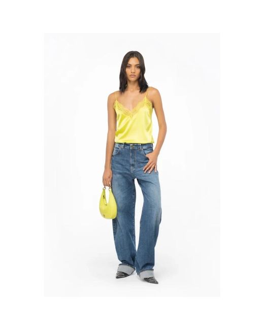 Pinko Tops ,Geel ,Satijn Zijden Satijnen Camisole Top Met Kant in het Blue