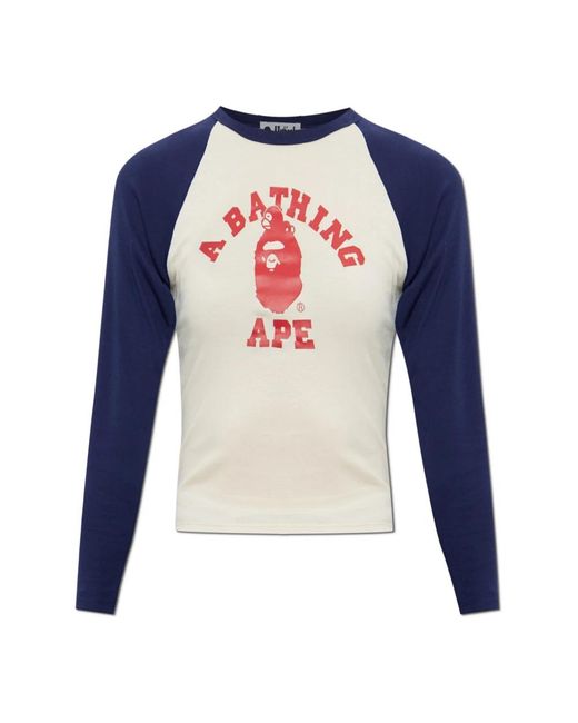 A Bathing Ape Tops ,Katoen Raglan T-Shirt Met Lange Mouwen in het Blue