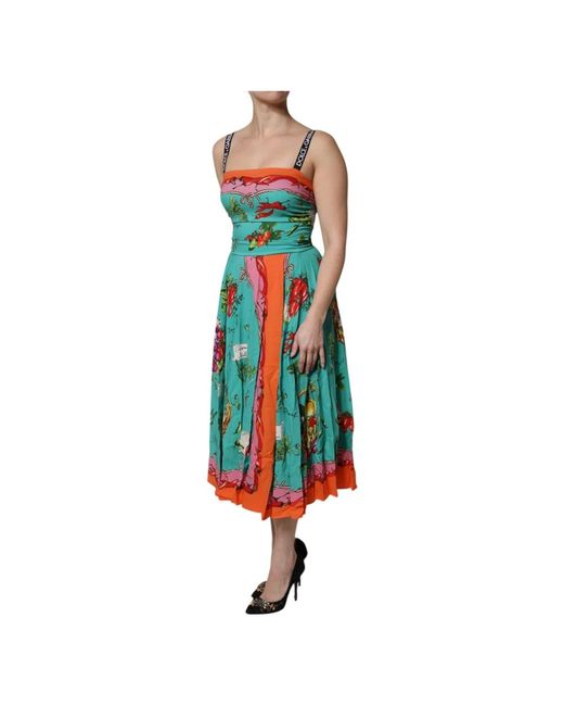 Dolce & Gabbana Blue Printed Silk Sleeveless Midi Dress