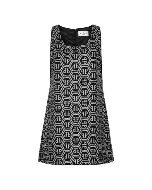 Philipp Plein Kleedjes ,Zwart ,Polyester Mini Jurk Monogram Strass in het Black