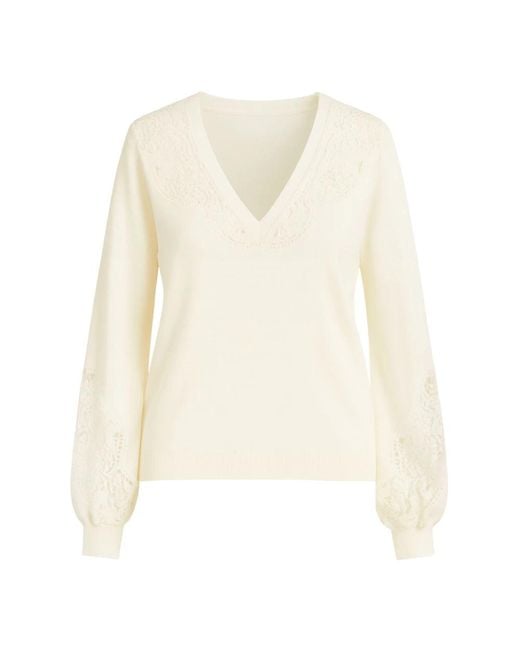 Twinset White Eleganter V-Ausschnitt Spitzenpullover