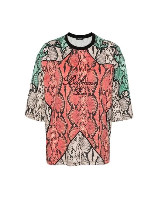 Balmain Red Multicolour python print bestickte t-shirts