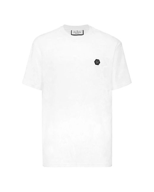 Philipp Plein Tops ,Wit ,Katoen Round Neck Jacquard T-Shirt Crest in het White voor heren