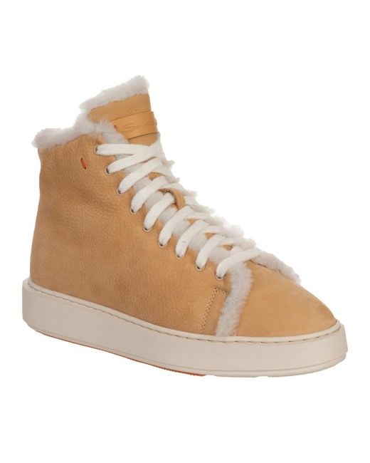 Santoni Natural High-Top Sneakers With Shearling Accents And Side Zipper